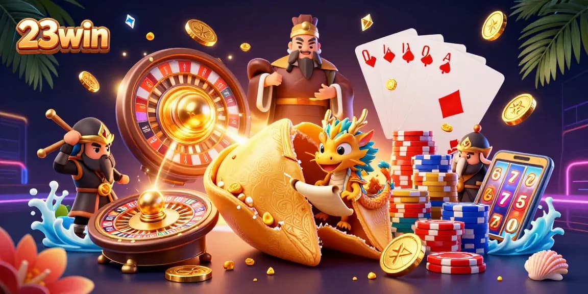 Engage with the vibrant luck of 23win through colorful casino elements and 3D characters.