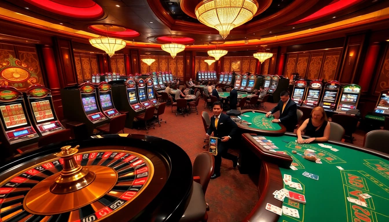 Nohu90 players engaging in thrilling casino games with vibrant slot machines and a roulette wheel.
