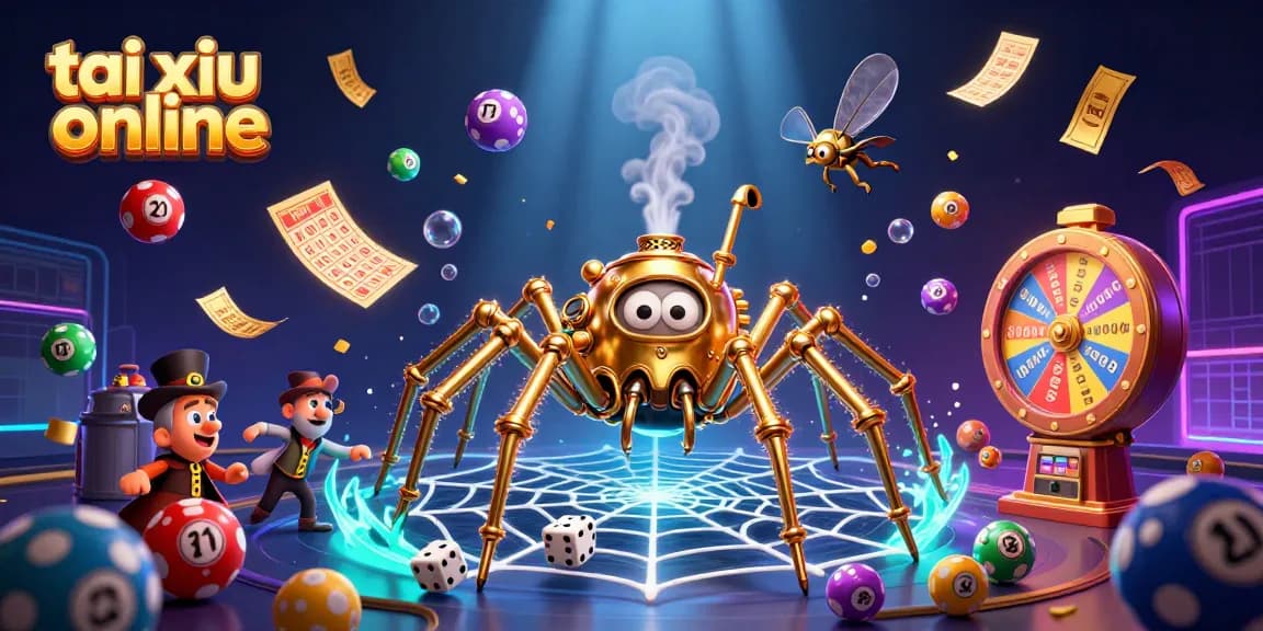 Engaging 3D scene of tai xiu online featuring a golden spider, Victorian fly, and colorful gambling elements.