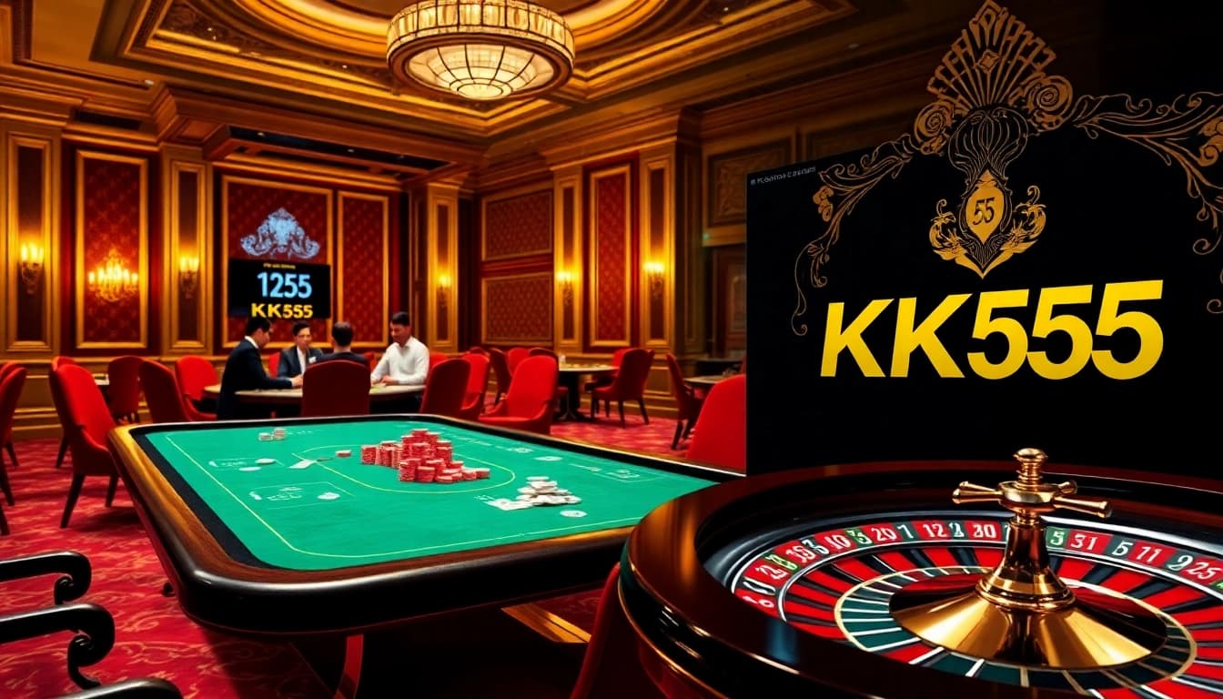 KK55 logo displayed prominently on a vibrant poker table during an engaging casino game.