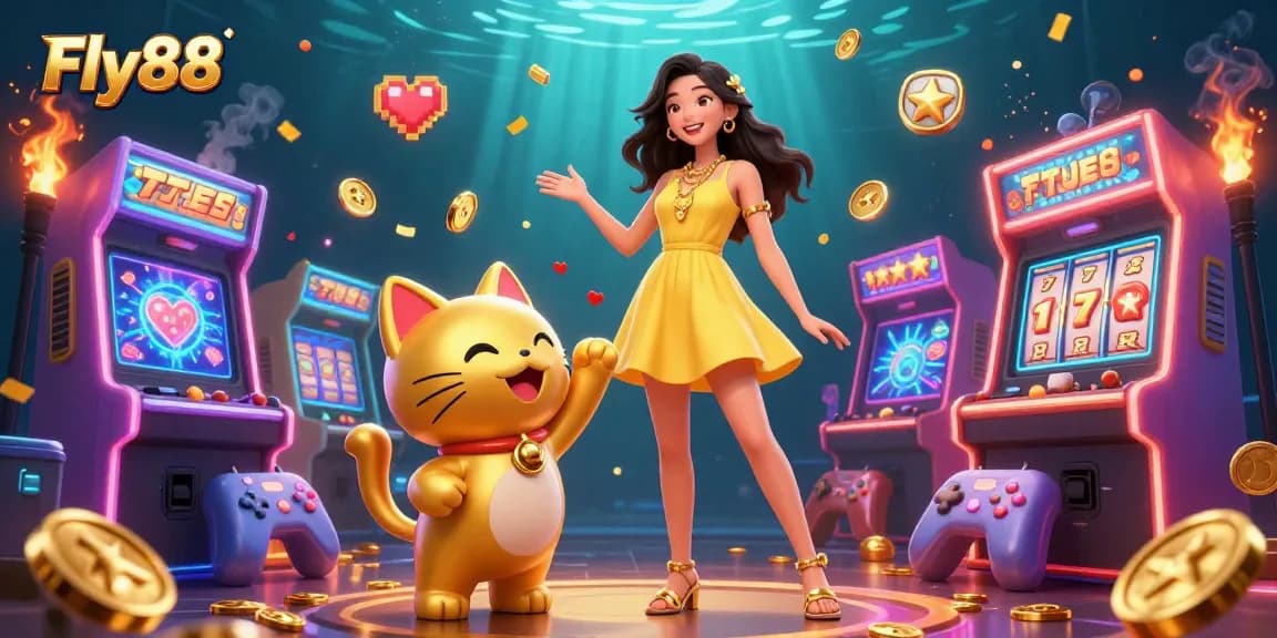 Engage with Fly88's vibrant online gaming experience, represented through a joyful scene with lucky cat and gold coins.