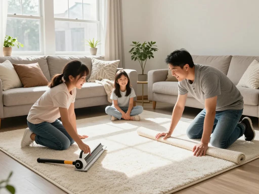 Professional carpet fitters near me installing new carpet in a family living room, creating a cozy atmosphere.