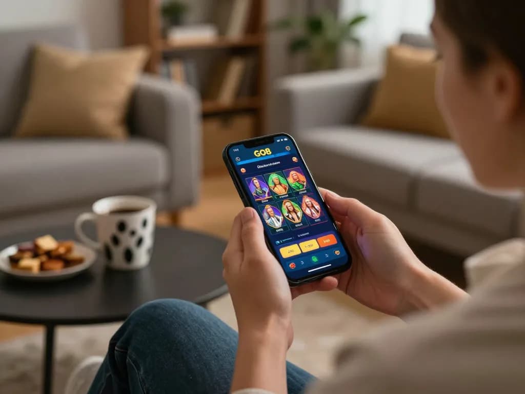 Engaged player using GO8 mobile app for online casino gaming at home