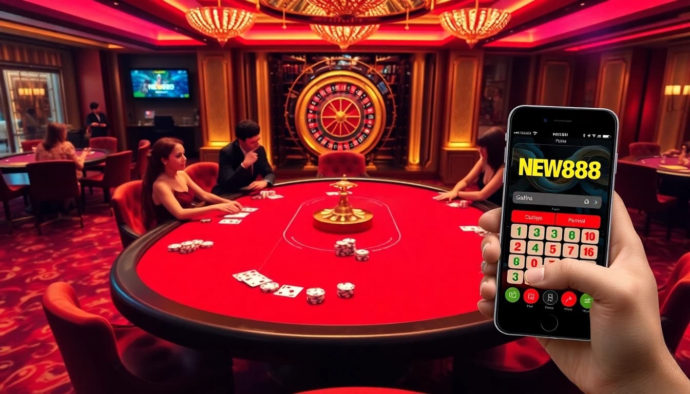Players enjoying a dynamic poker game at NEW888, featuring elegant casino elements.