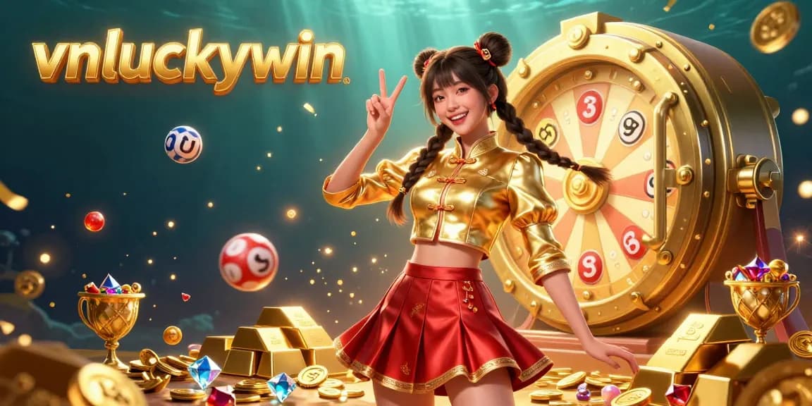 Experience the thrill of winning at vnluckywin with a vibrant casino scene featuring a lucky character making a peace sign.