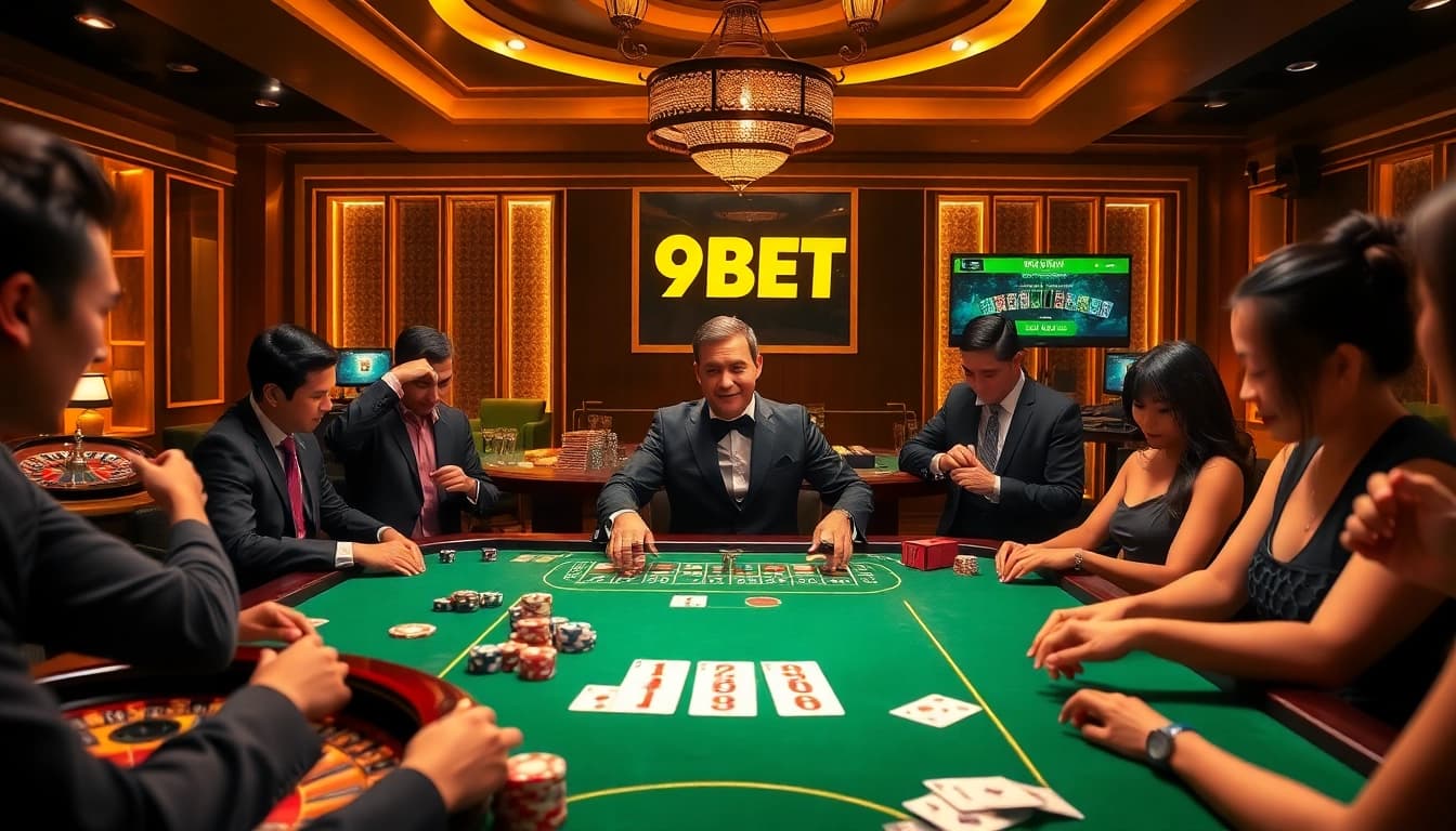 Engage in thrilling betting action at https://9bet.today/ with a vibrant casino atmosphere featuring poker tables and roulette wheels.