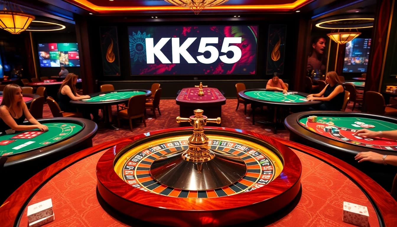 KK55 casino players engaged in thrilling roulette game with vibrant atmosphere.