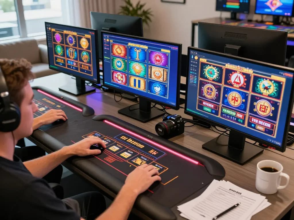 Player engaging with 98win online slots and live casino games at home, showcasing strategic gaming