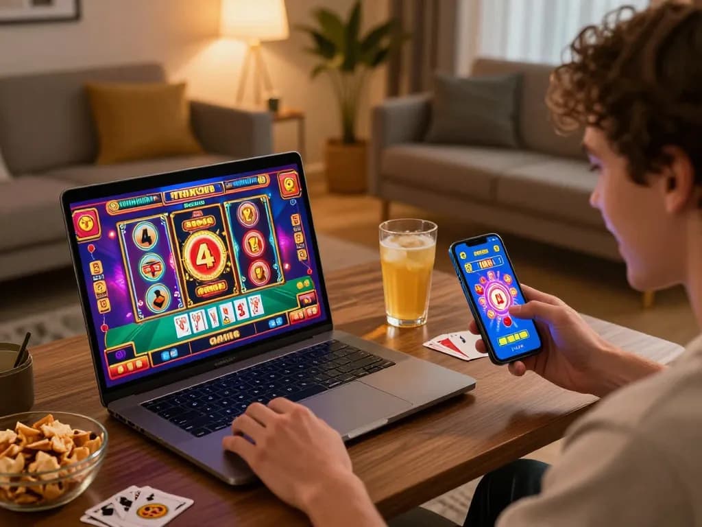 Player enjoying their favorite 123win games on multiple devices, celebrating a big win at home