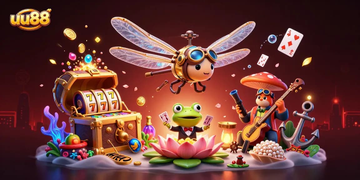 Engage in thrilling gameplay at uu88, featuring vibrant dragonfly pilot and enchanting casino scenery.