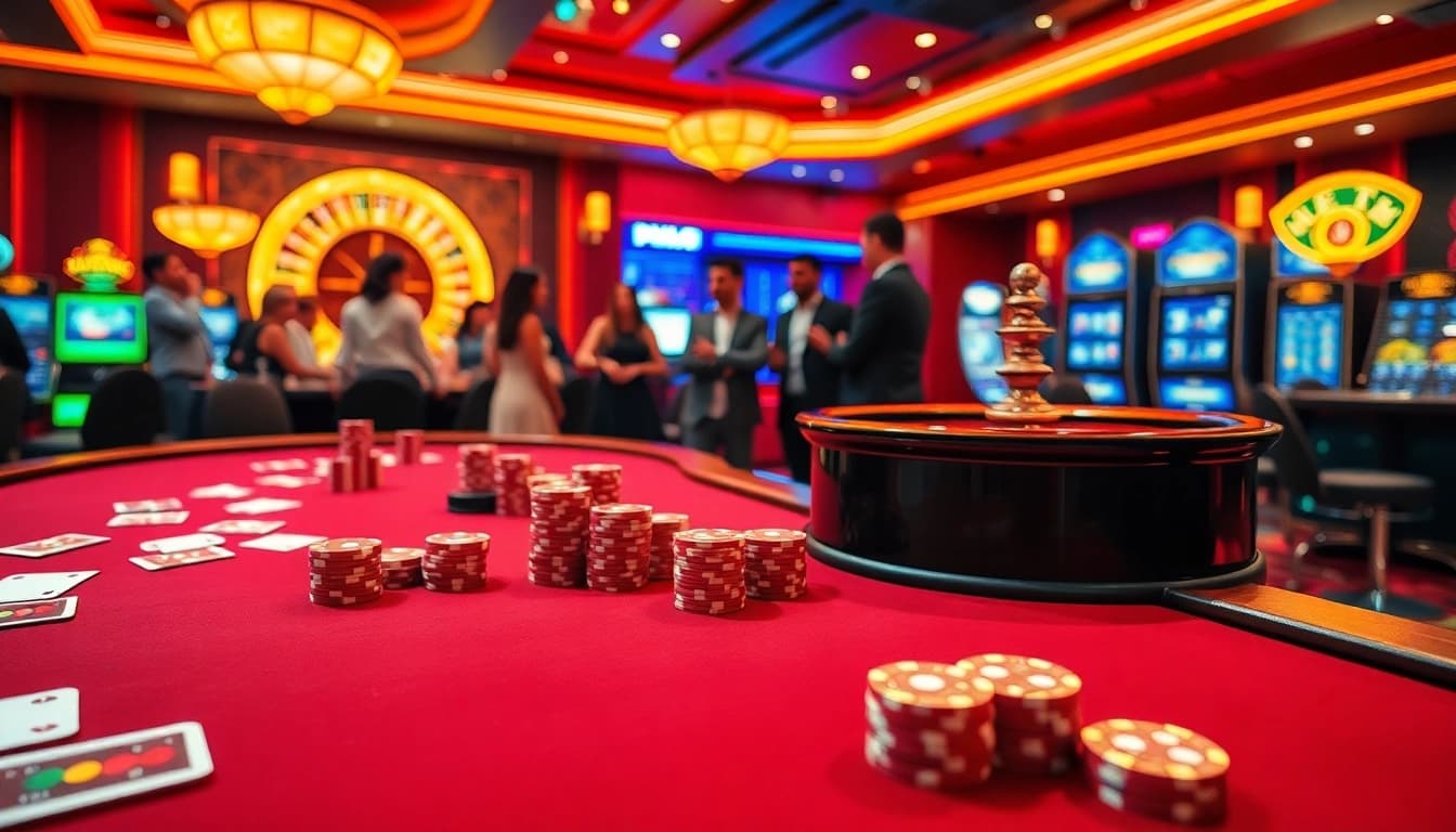 Players engaging in high-stakes action at KP88 casino table with vibrant poker chips.