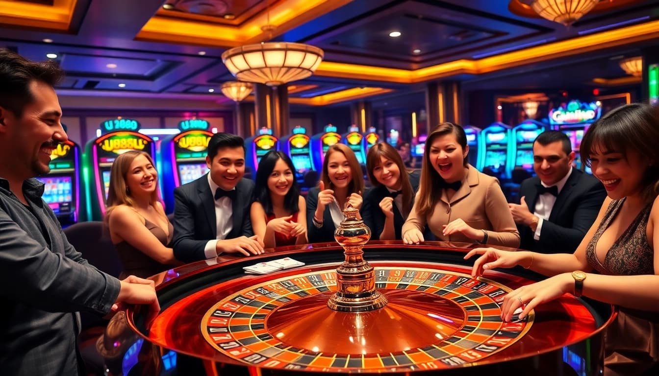 Experience excitement at the U888 casino, showcasing a luxurious roulette table and vibrant gaming atmosphere.