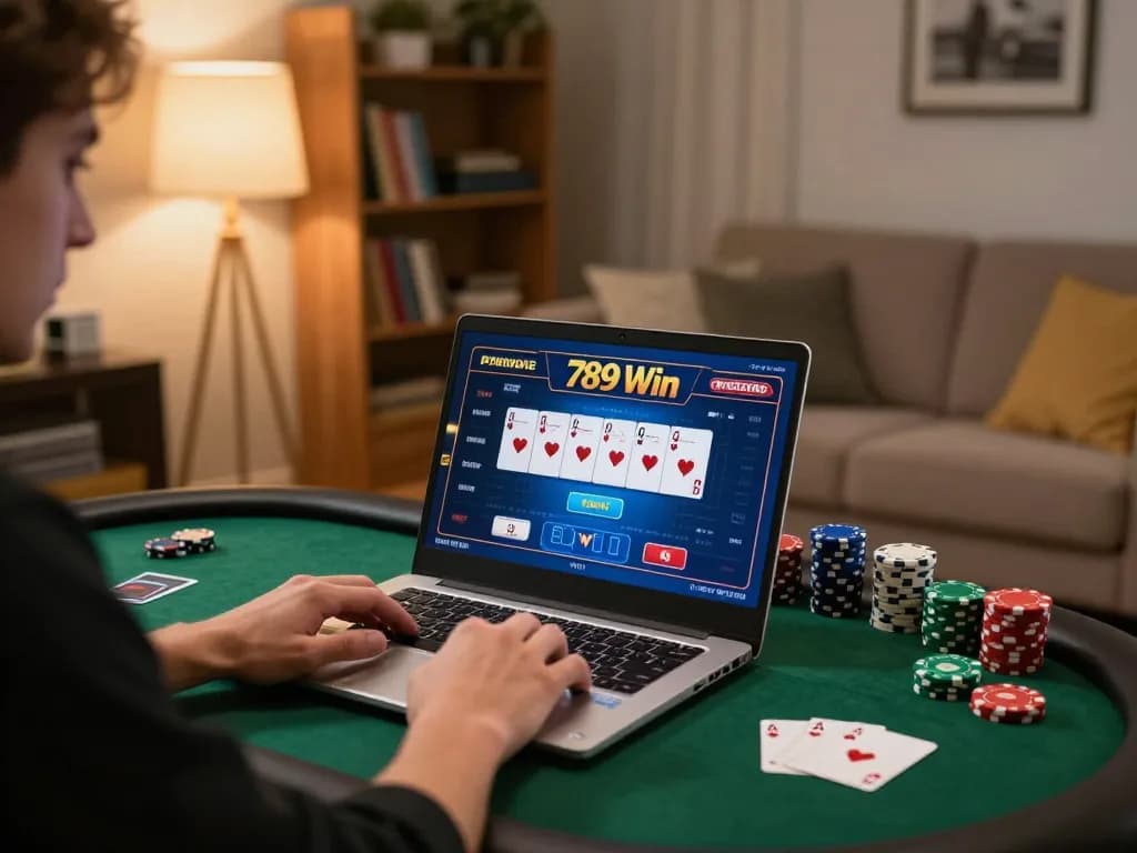 Engaging in online poker gaming at home with 789 Win, focused player and strategic scene elements