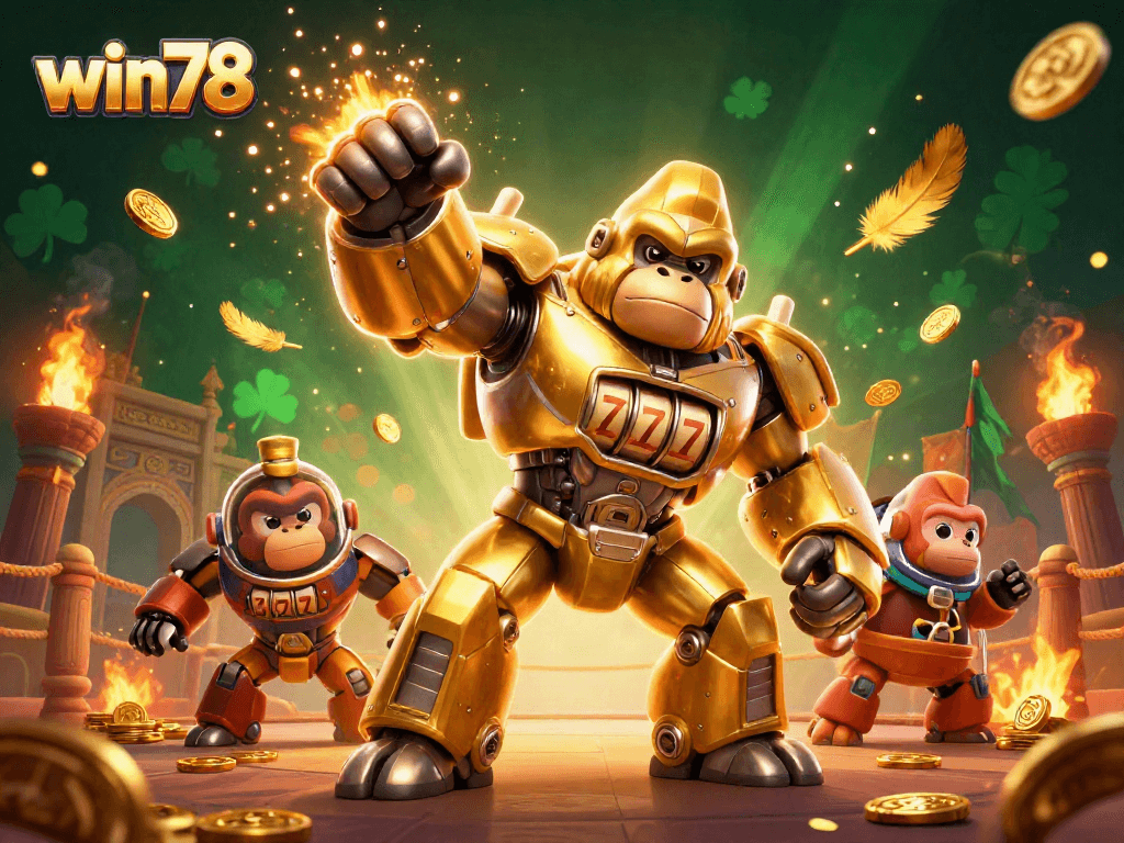 Experience excitement with the win78 gorilla mech smashing through a casino theme.