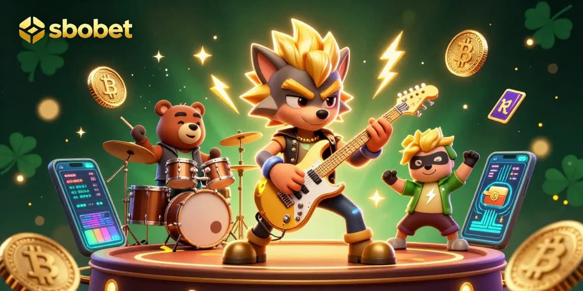 Sbobet offers a vibrant casino experience featuring rock star characters amidst Bitcoin coins and neon effects.