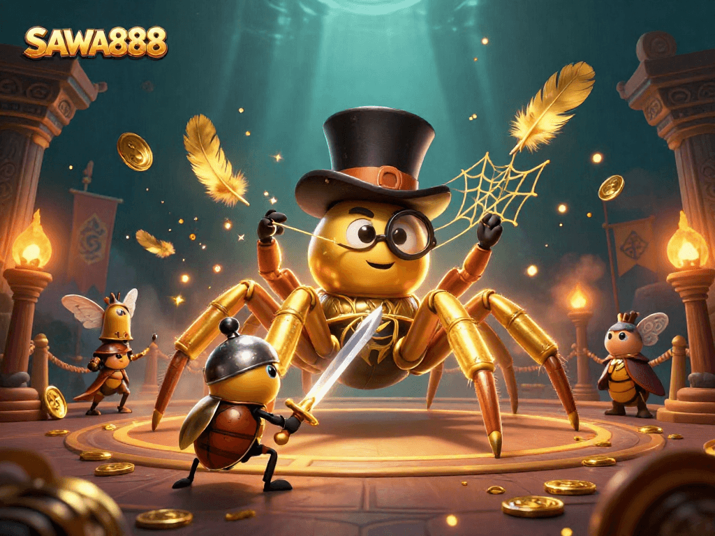 Experience thrilling gameplay on SAWA888 with a giant tarantula and brave beetle knight in an exciting casino illustration.