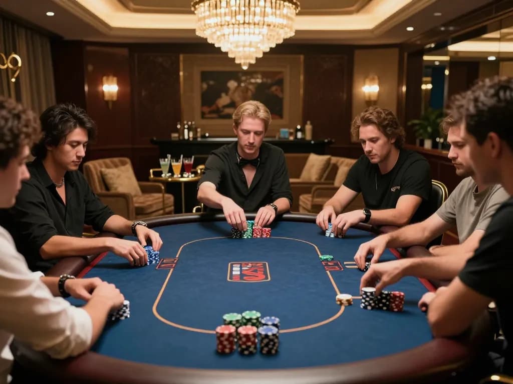 S666 players strategizing in an upscale casino VIP poker room during a high-stakes game.
