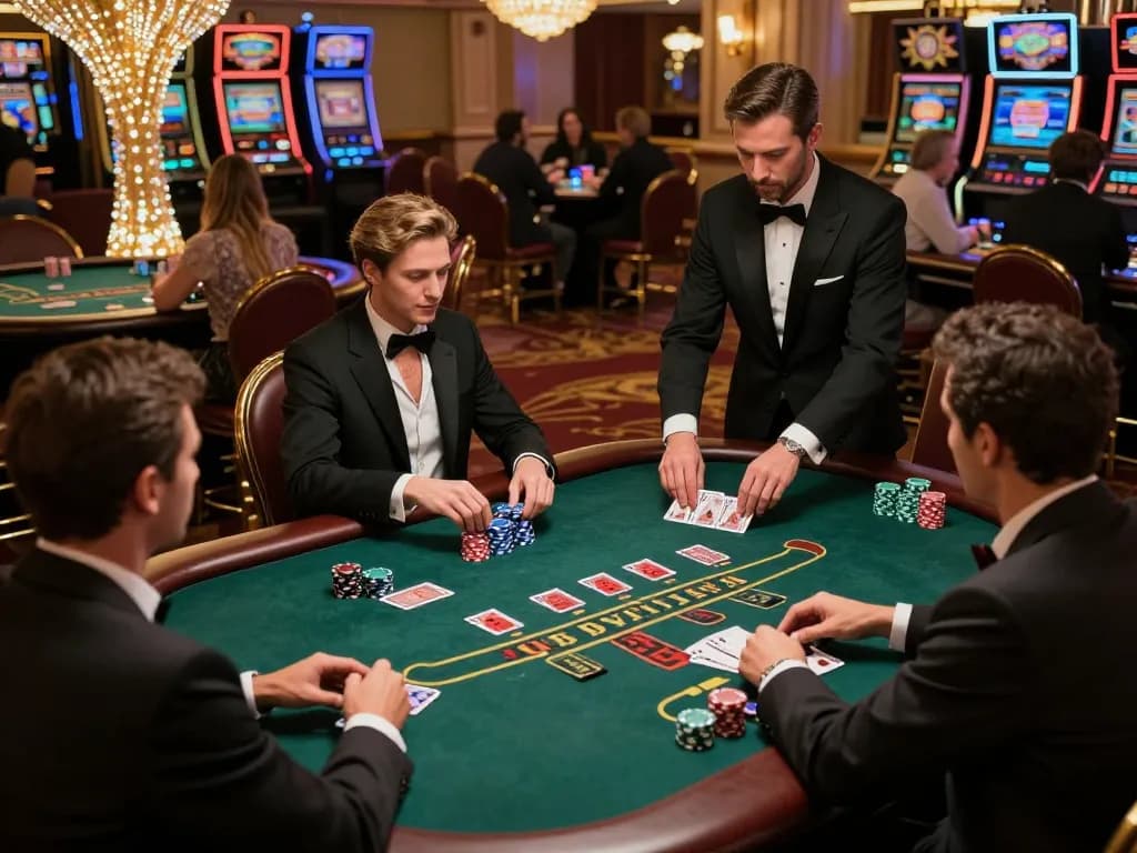 The thrilling ambiance of high-stakes blackjack at ok365vvip, with players strategically engaged in the game.