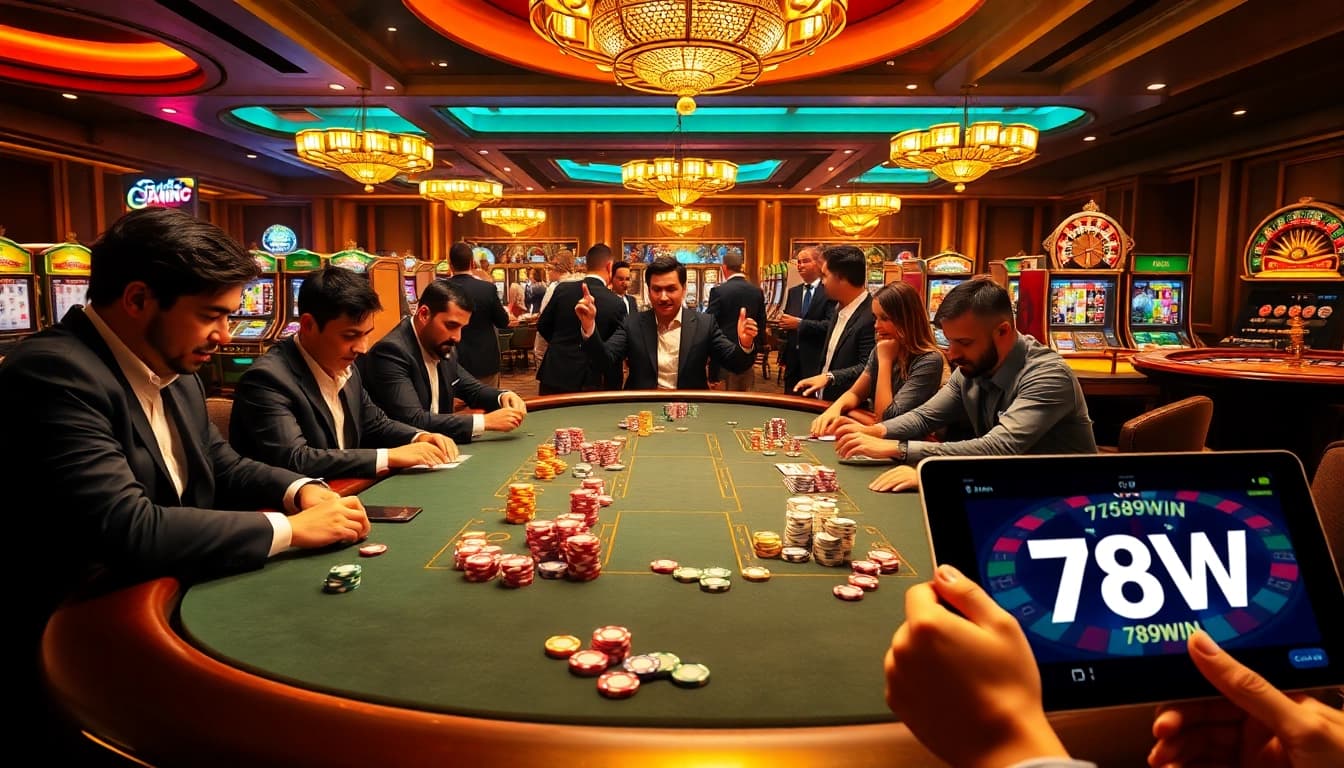 Excited players at a high-stakes poker table celebrating wins at 789win casino.