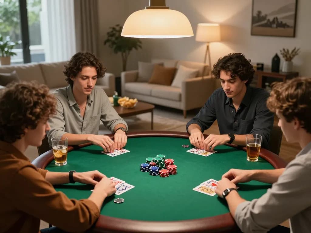 Players enjoying a friendly poker game at home, showcasing va88's vibrant atmosphere, chips and cards in action.