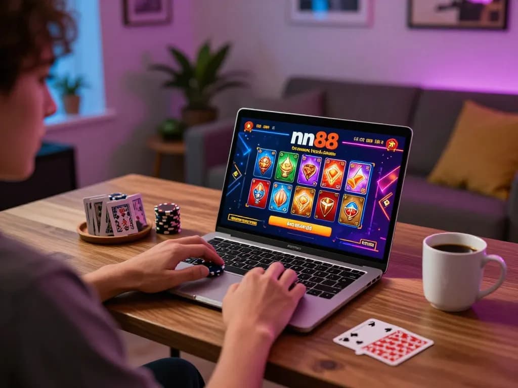 Player enjoying nn88 casino games on a laptop with vibrant graphics and relaxing home atmosphere
