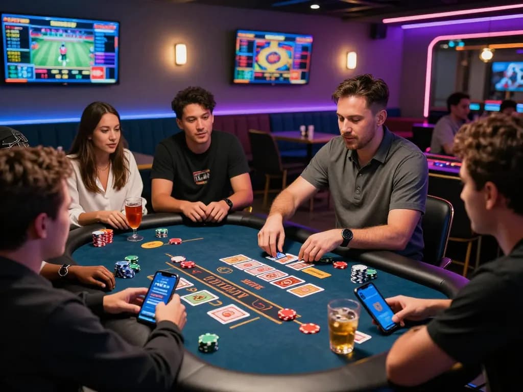 Gem88 players enjoying live casino games in a vibrant gaming lounge atmosphere.