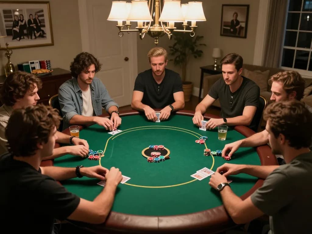 Players enjoying a thrilling nagapoker night at home, engaging in a lively Texas Hold'em game.