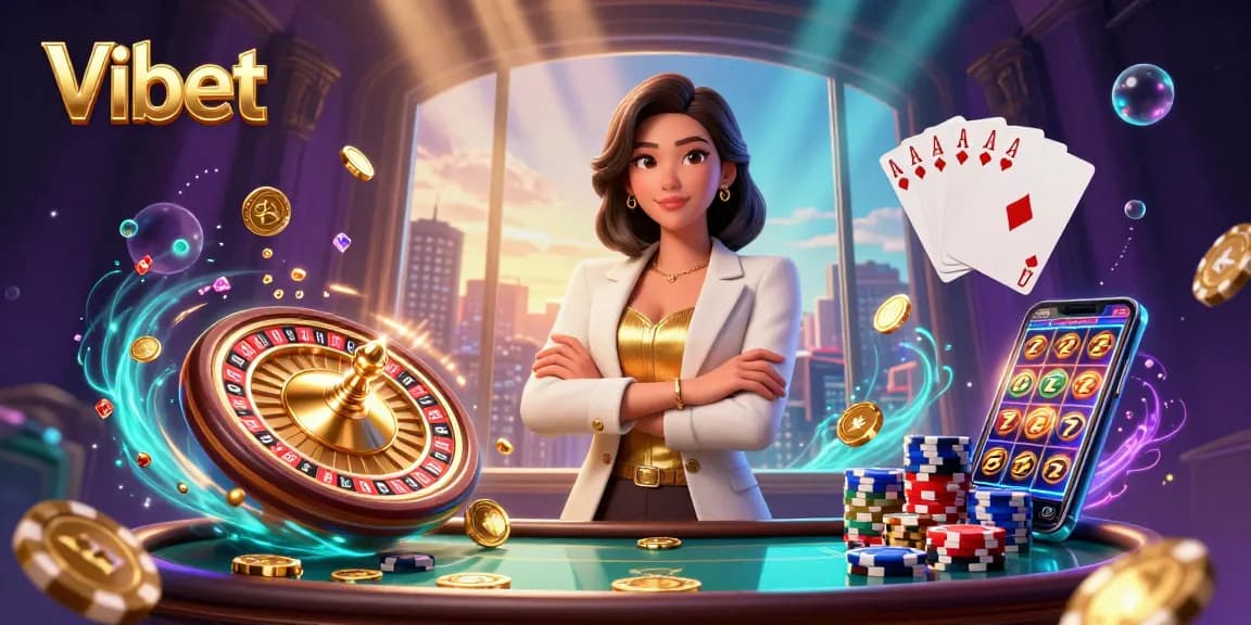 Vibet showcases a stylish Asian woman holding cards amidst dynamic gaming elements in a vibrant casino setting.