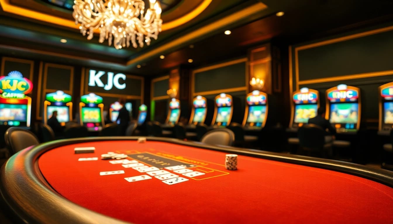 KJC branding shines in a vibrant casino scene with players at a blackjack table.