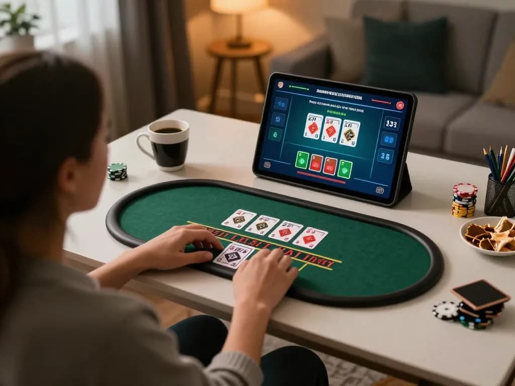 KUBET player enjoying a live dealer blackjack game on a tablet at home, emphasizing responsible gambling.