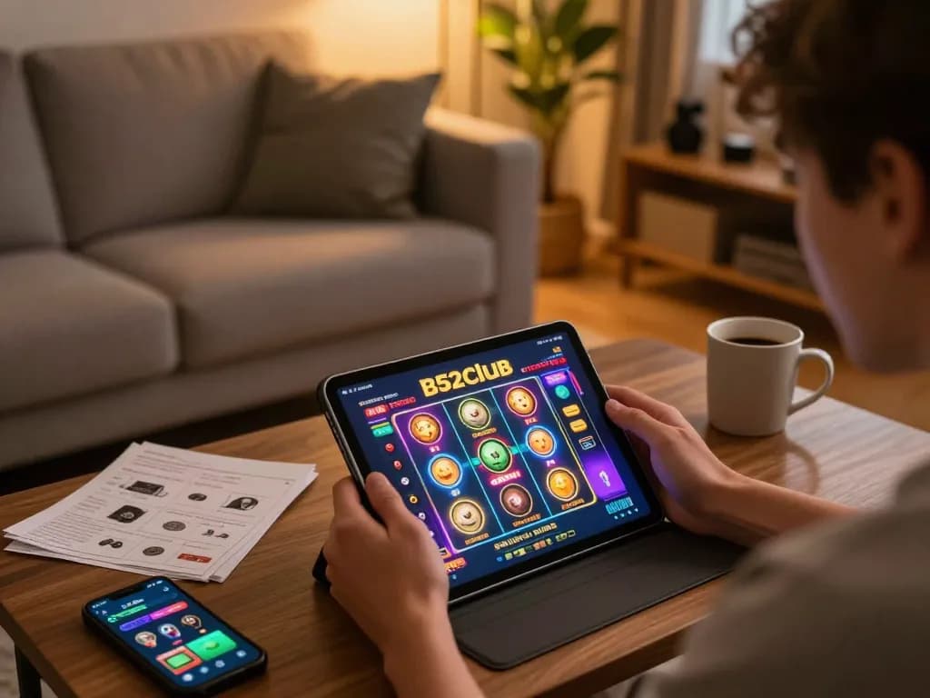 B52club user engaging on tablet for vibrant slot game, illuminated cozy gaming setup.