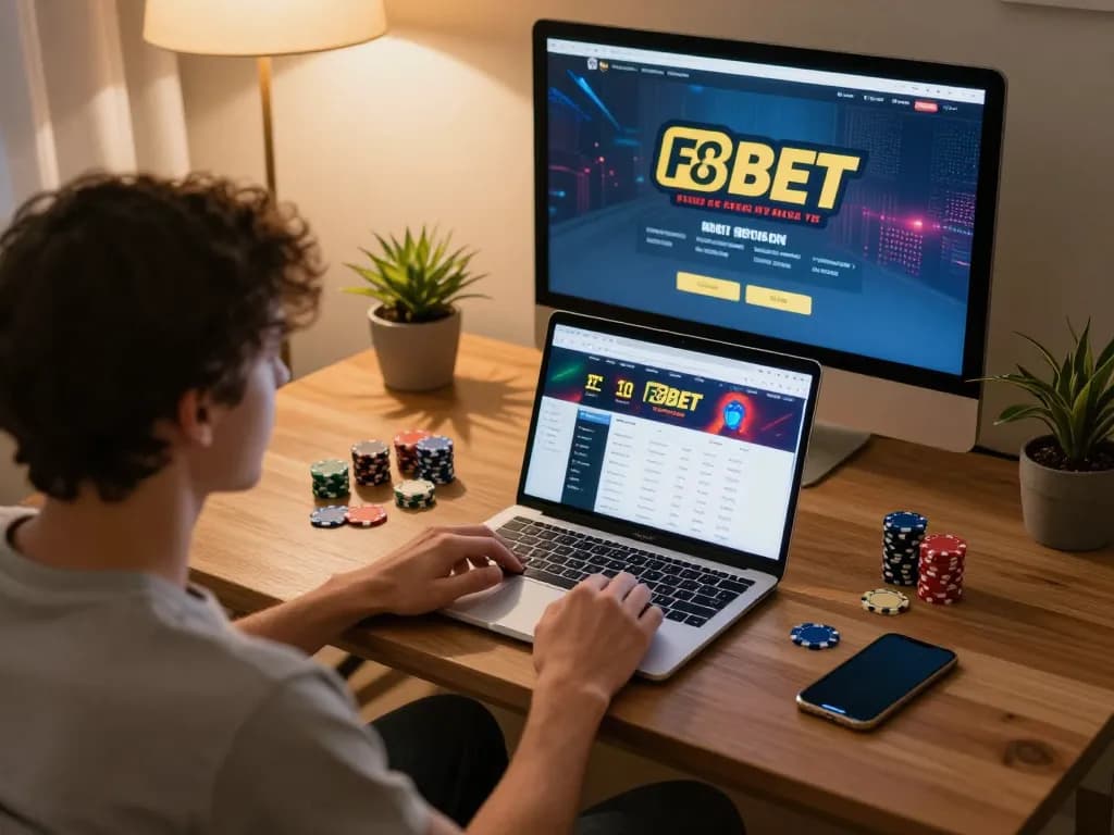 Engaging in online betting on F8bet platform at home, showcasing a cozy gaming setup.