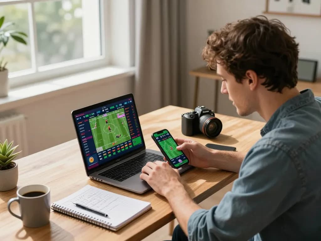 Engaged user placing strategic bets on nk88 sportsbook app while analyzing game stats at home.