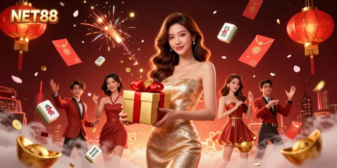 Engage with NET88's vibrant online casino atmosphere featuring golden coins and festive decorations.