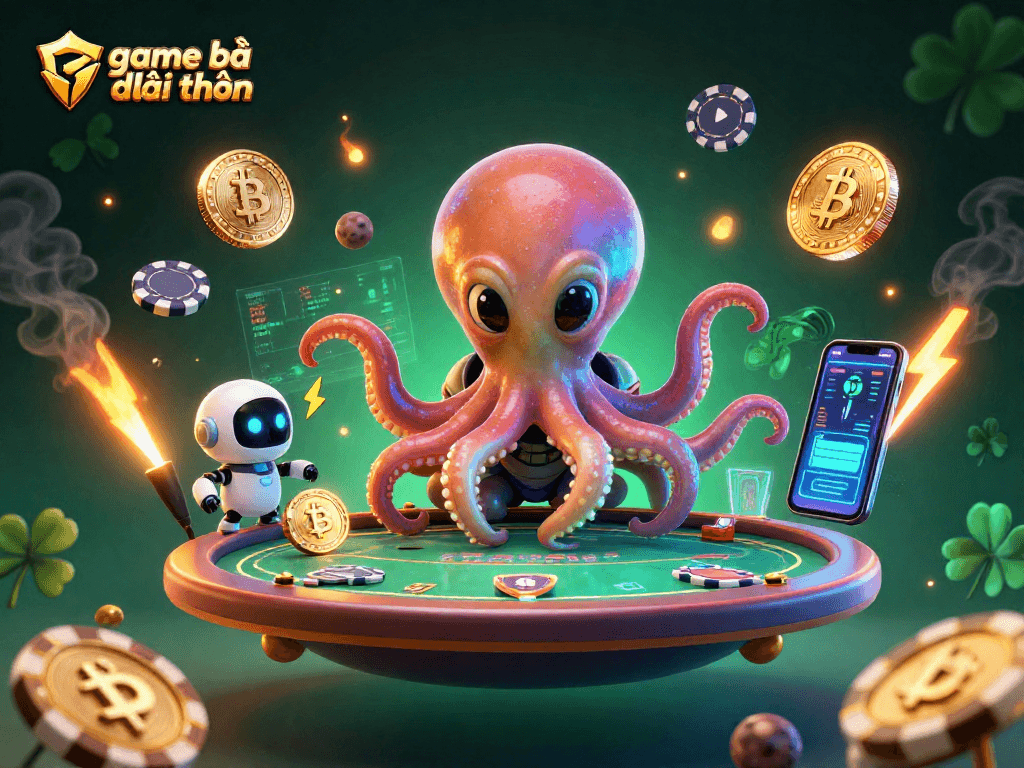 Win at game bài đổi thưởng with alien octopus and robot at a holographic poker table surrounded by cryptocurrency elements.