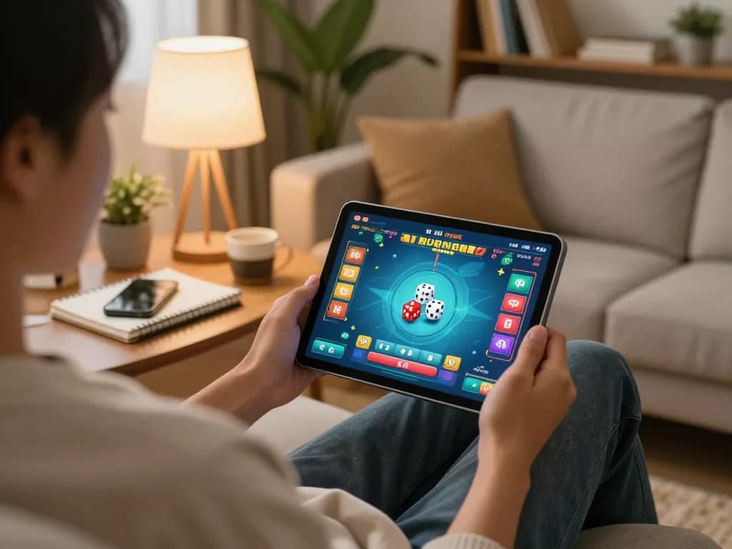 Engaging with game tài xỉu online uy tín on a tablet, showcasing a home gaming atmosphere