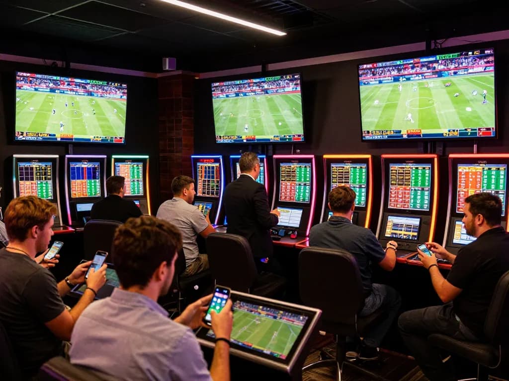 Fabet users engaging in real-time sports betting, analyzing odds while enjoying the atmosphere of a vibrant betting area.