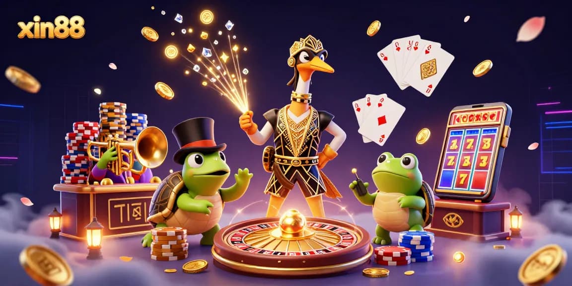 Play progressive jackpot slots at xin88, featuring vibrant illustrations and casino excitement.