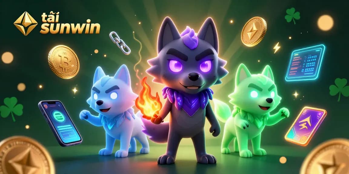 Experience thrilling gameplay with tải sunwin, featuring a vibrant 3D casino scene filled with animated crypto coins and wolves.