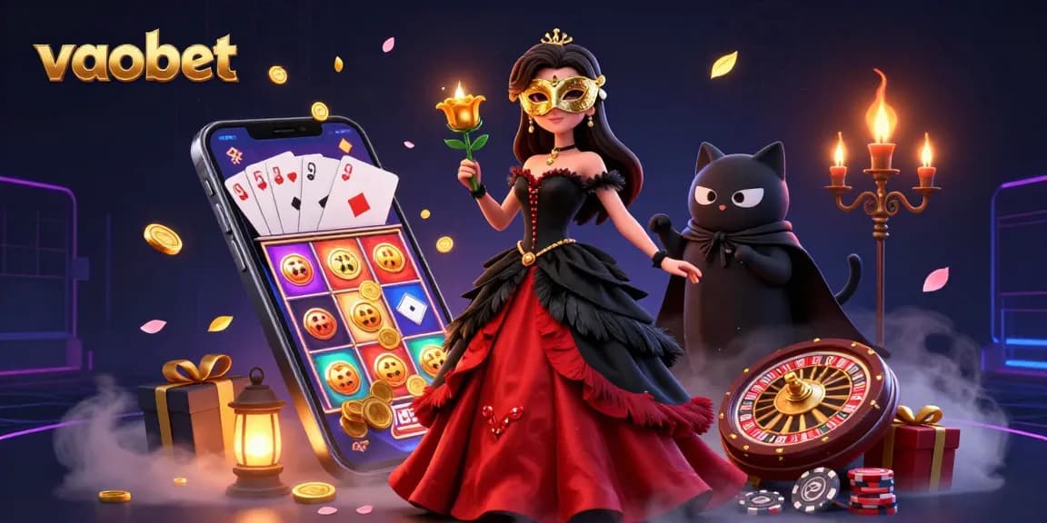 Experience excitement at vaobet with a stunning woman in casino-themed illustration, surrounded by games and riches.