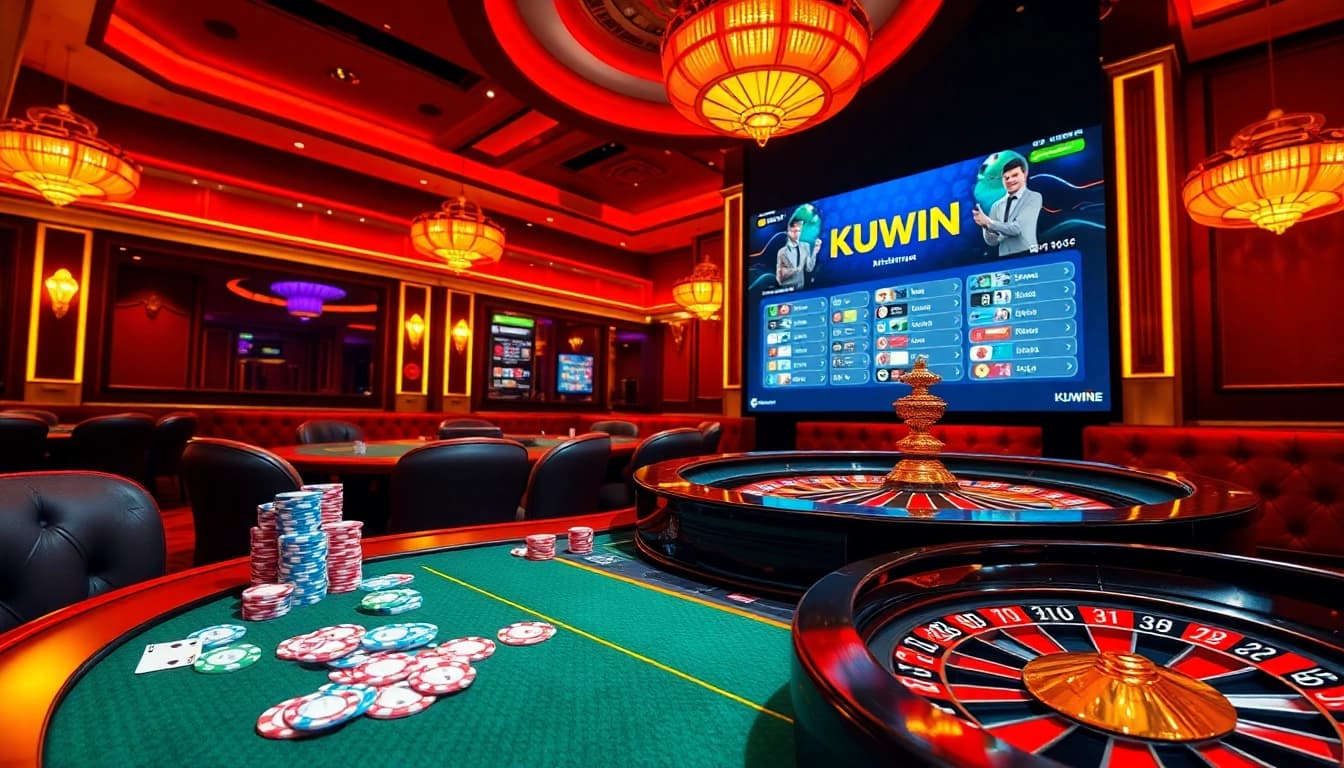Engaging scene of KUWIN casino with vibrant poker chips and roulette wheel inviting players.