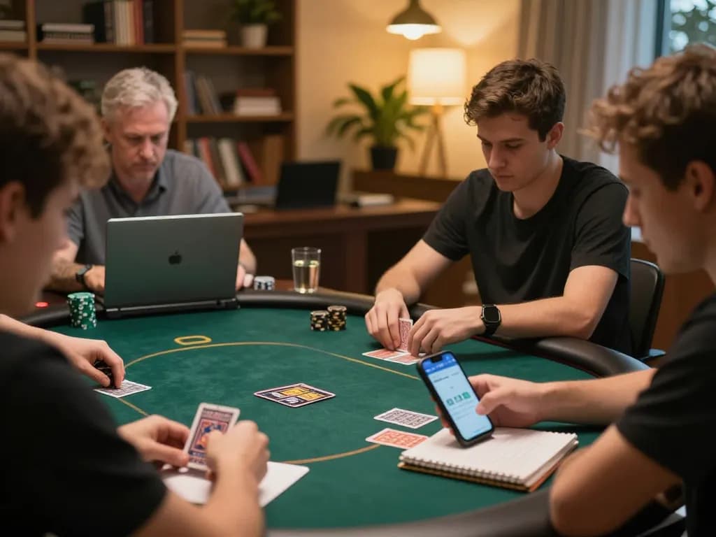 Online poker gameplay strategy session with 789WIM, players analyzing cards.