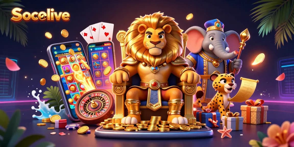 Socolive brings players intense action with a vibrant 3D scene showcasing a fierce lion king and gaming elements.
