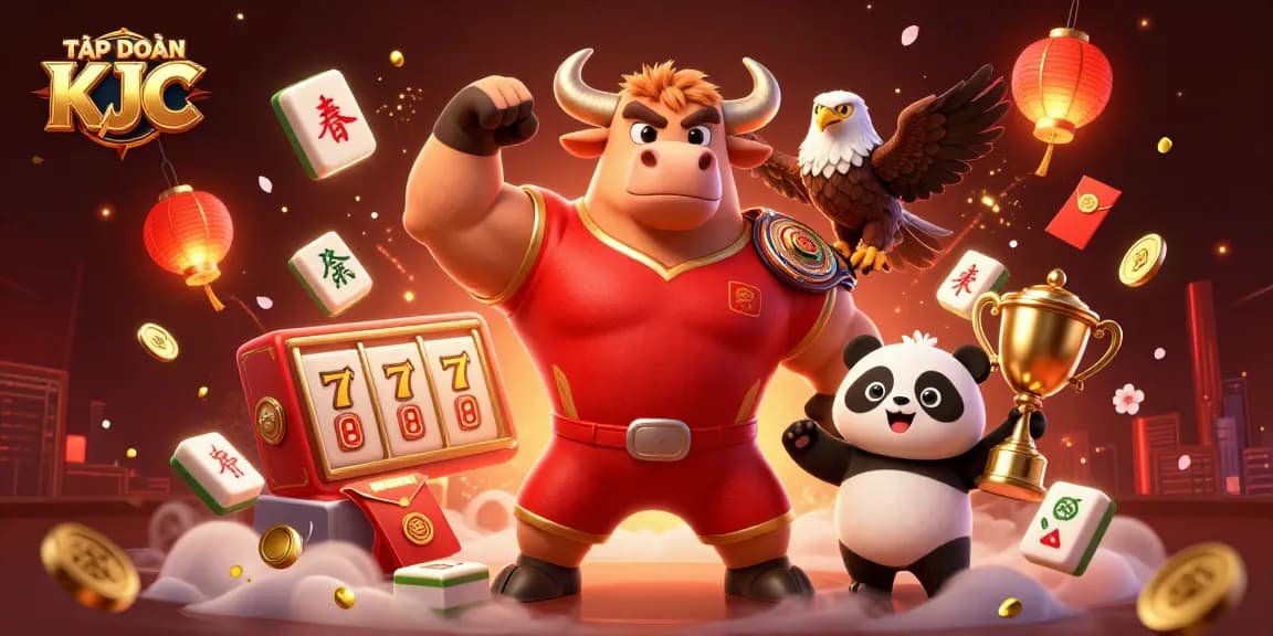 Experience winning moments at TẬP ĐOÀN KJC with a vibrant casino illustration featuring dynamic characters and game elements.