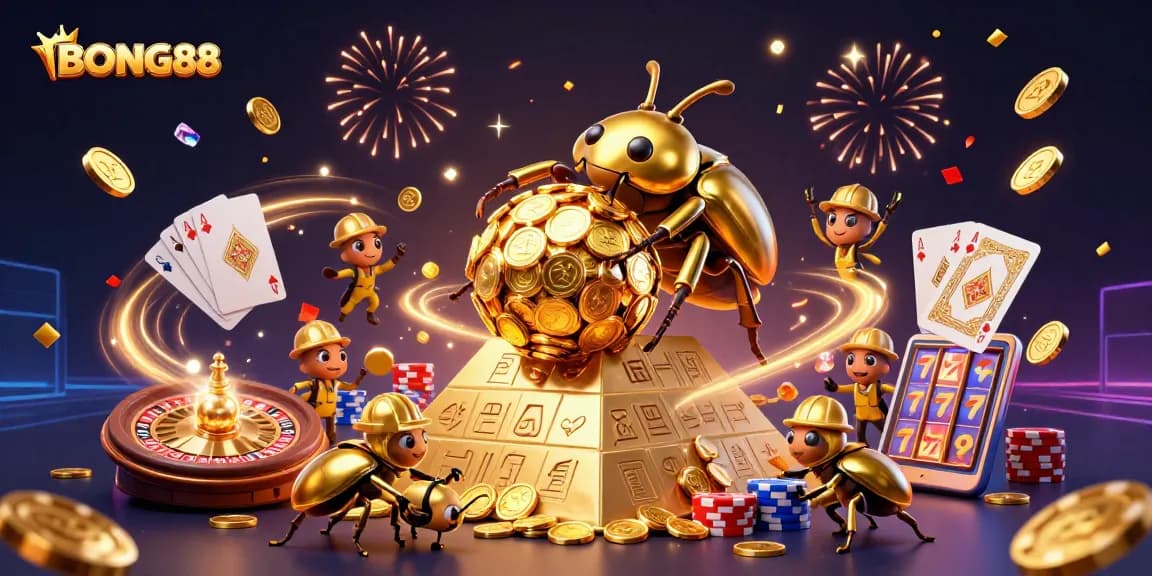 BONG88 showcases a colorful casino scene with golden coins, beetles, and vibrant game elements.