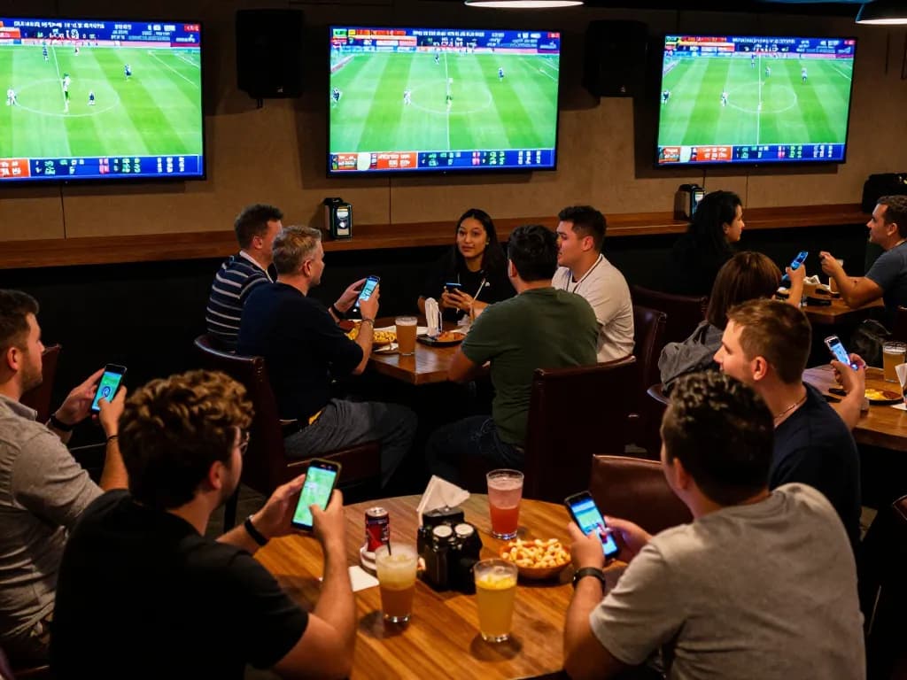 Exciting sports betting scene at rr88vip with patrons wagering on smartphones while watching a football match.