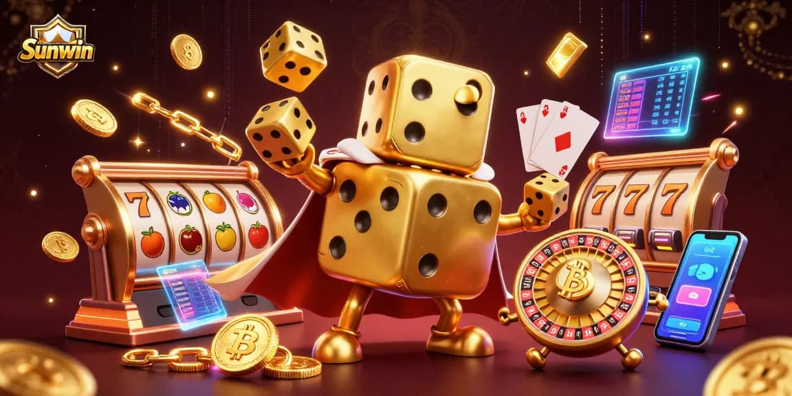 Experience thrilling gameplay with Sunwin's dynamic 3D casino scene featuring slot reels and vibrant characters.