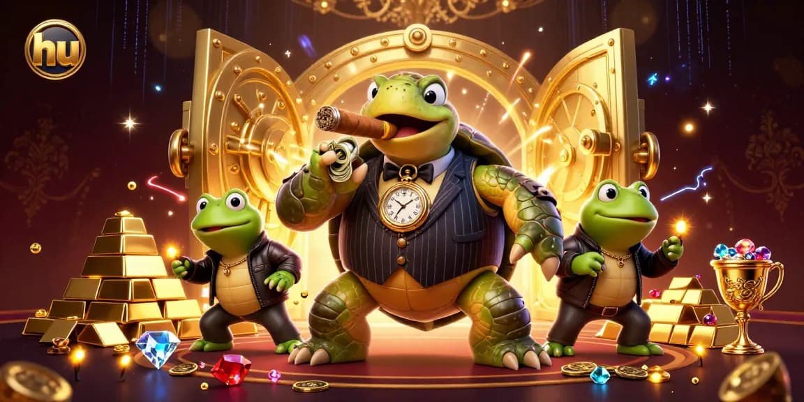 Join the thrilling action at hu casino with a vibrant scene of a turtle and bullfrogs amidst sparkling treasures.
