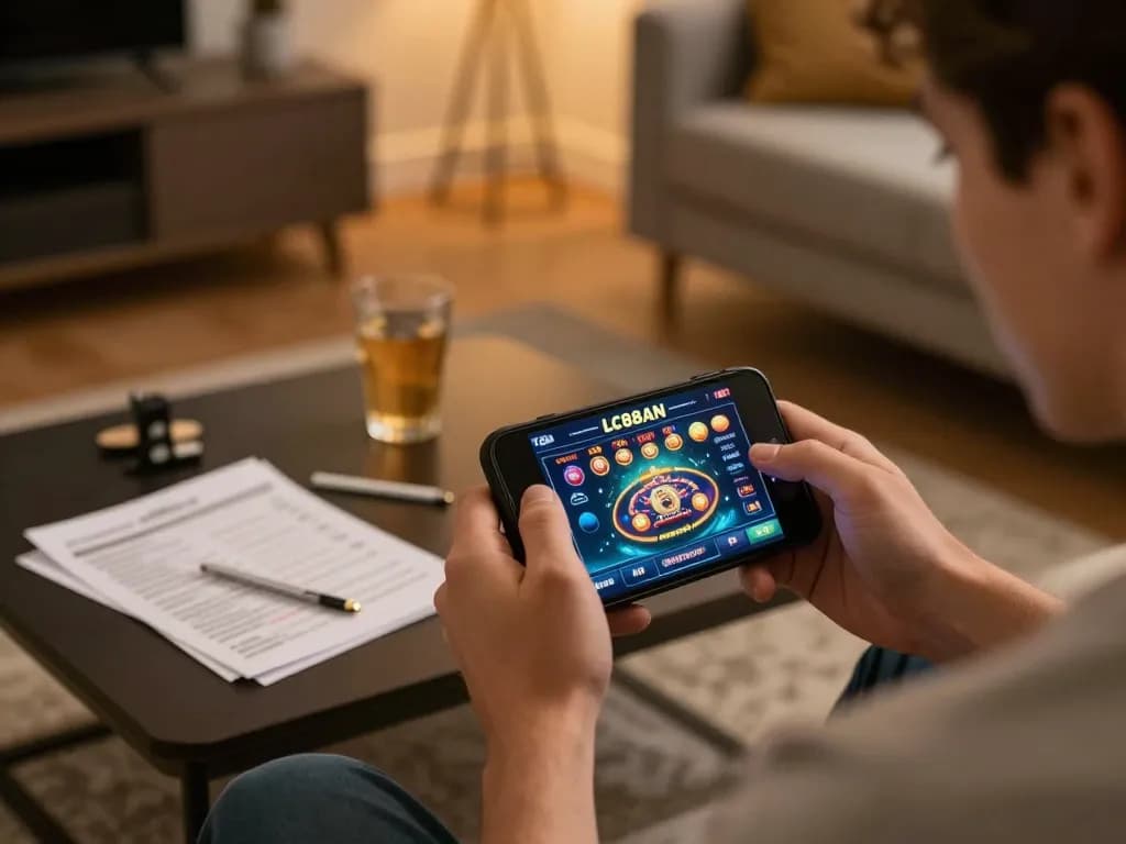 Player strategizing using lc88an app on smartphone in a cozy home environment.