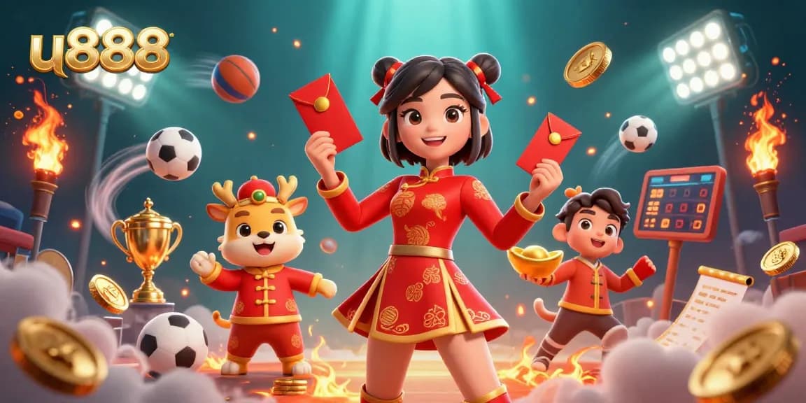 Experience the excitement of u888 with vibrant visuals of Asian culture and dynamic sports betting elements.